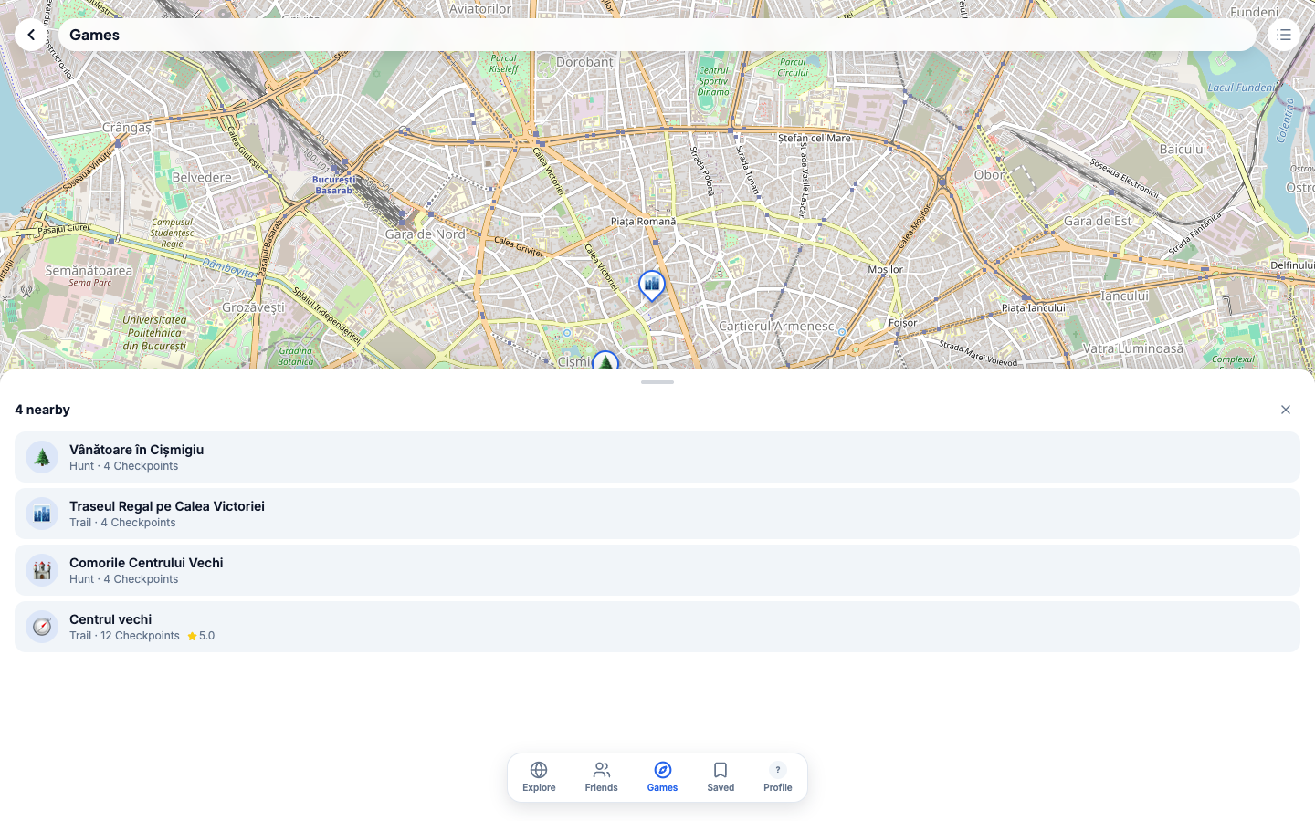The Games section — hunts ("Hunt") and trails ("Trail") with checkpoints, shown on the map near the user.