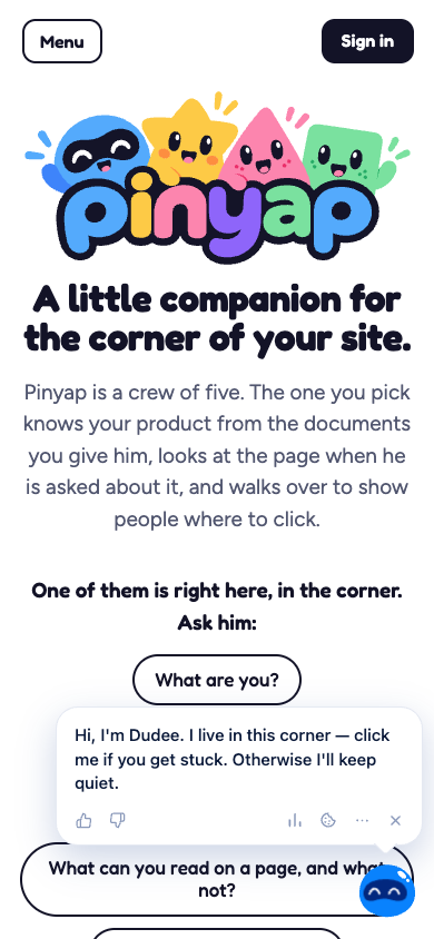 The same page, in the mobile version, with the companion in the corner.