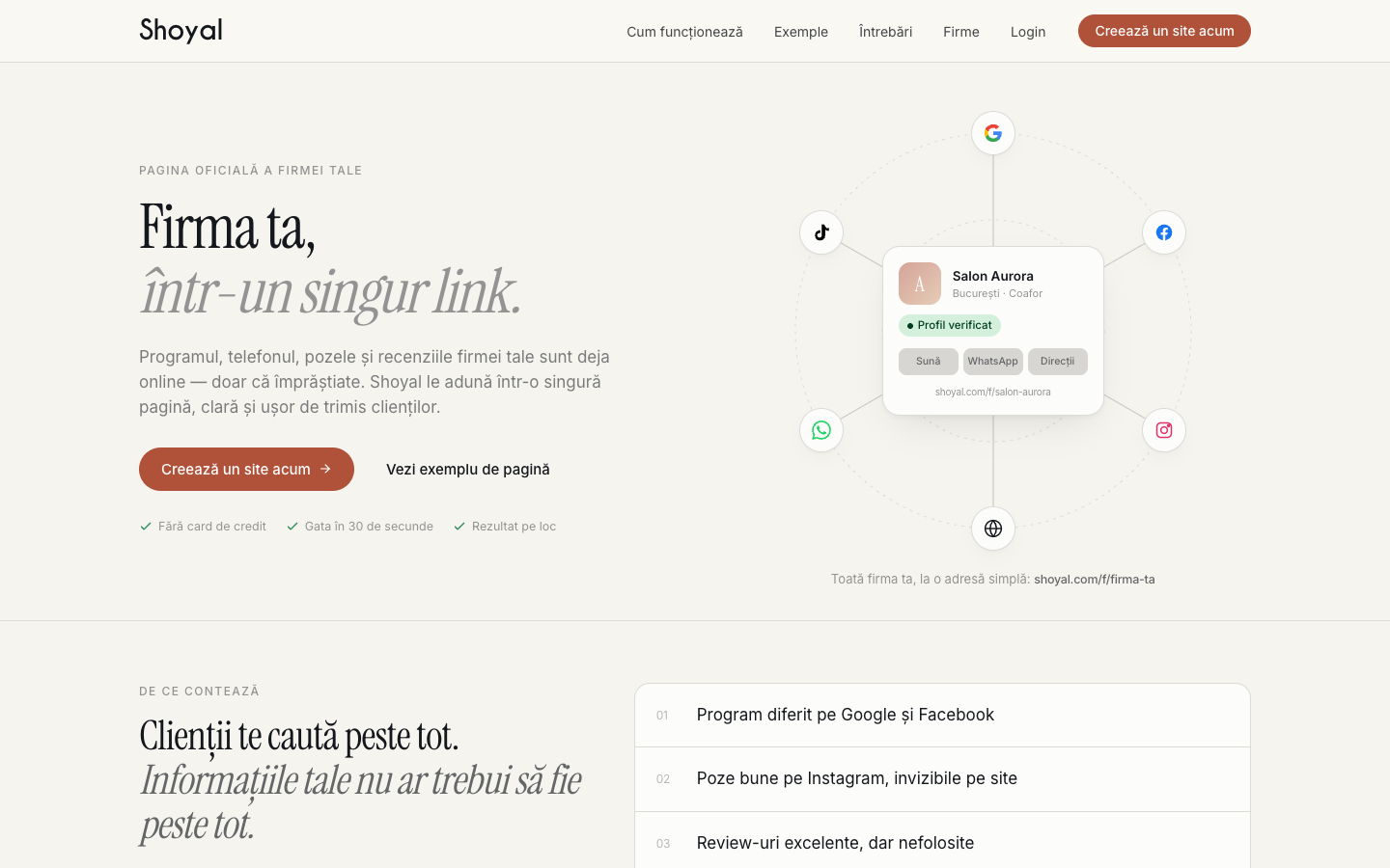 The Shoyal homepage — "Your business, in a single link": information from Google, Facebook, Instagram, TikTok, and WhatsApp, gathered into a single profile.