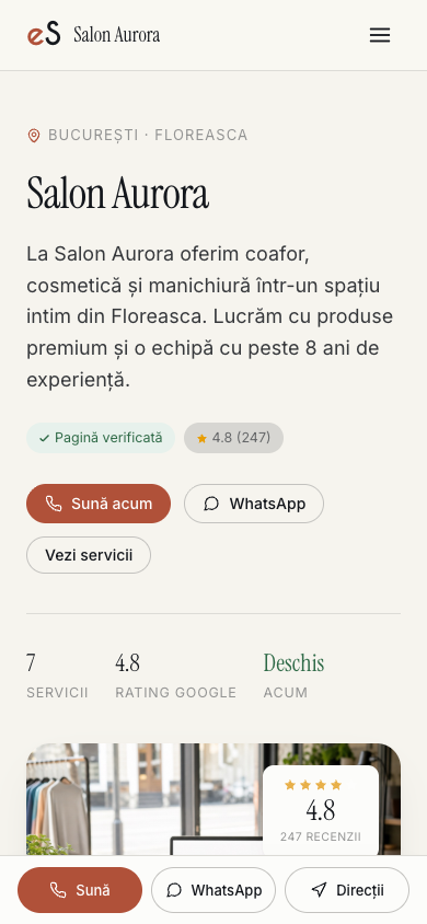 The same example page, in the mobile version, with the quick-action bar pinned to the bottom.